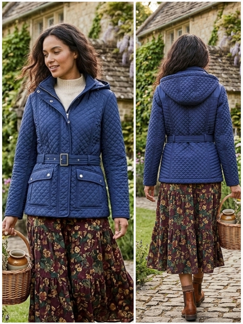 Tommy Hilfiger L Old Money English Cottagecore Equestrian Diamond Quilted Coat